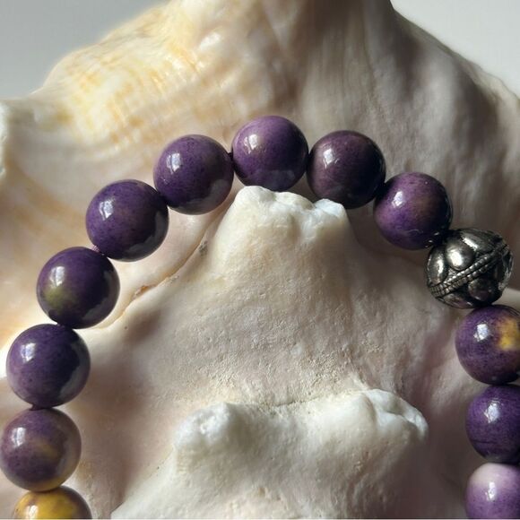 Purple and Yellow Beaded natural stone Bracelets silver 8mm fits 15-17cm wrists - Picture 5 of 5